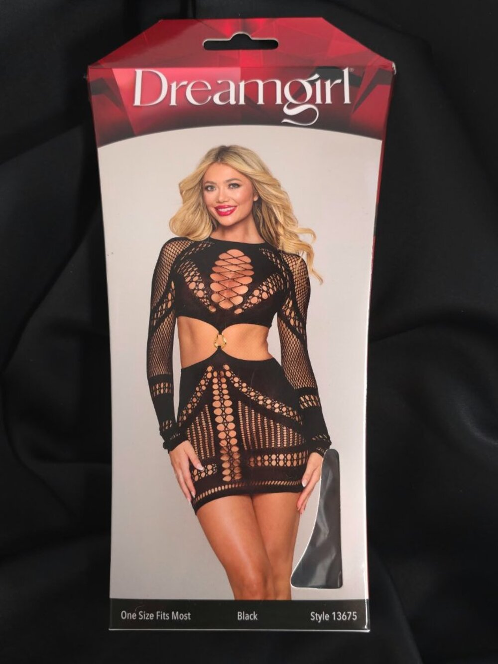 Dreamgirl Black Fishnet Cutout Long Sleeve Chemise Dress One Size 13675